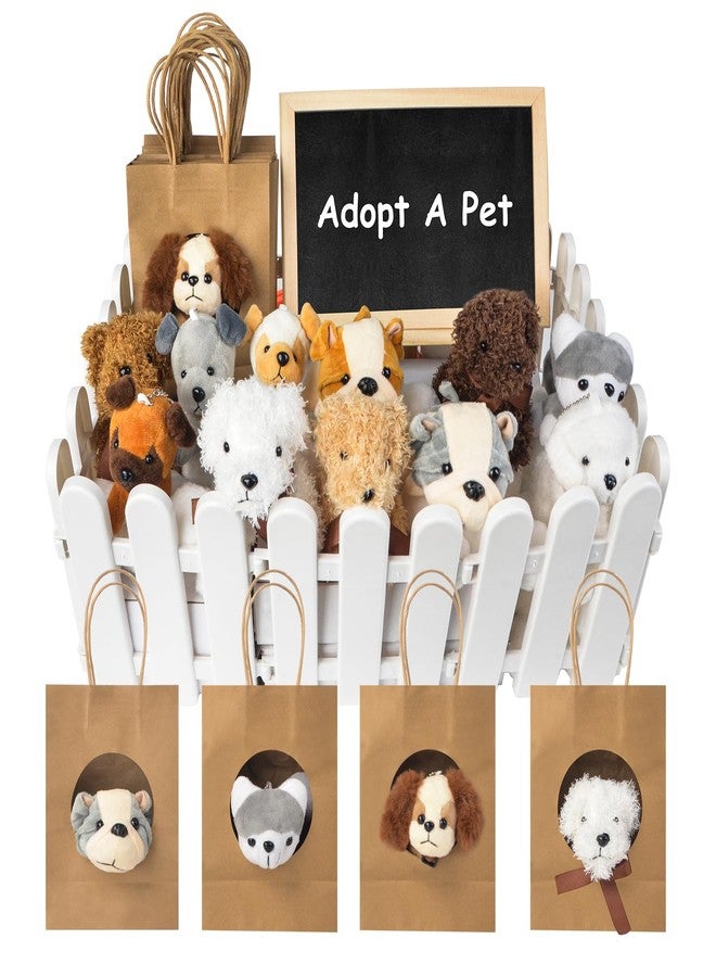 letesult 36Pcs Adopt A Puppy Party Favors, Mini Stuffed Animals Adopt A Dog Set Includes 12 Stuffed Dogs 12 Kraft Paper Bags 10 White Plastic Fence Mini Chalkboard & Chalk Marker for Adopt A Pet Party - Image 1